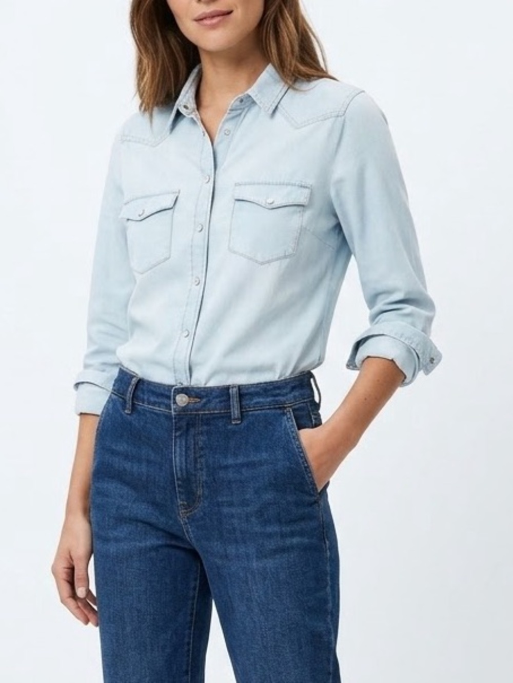 Semicouture Denim Chambray Western Cowboy Pearl Snap Shirt Sz 42